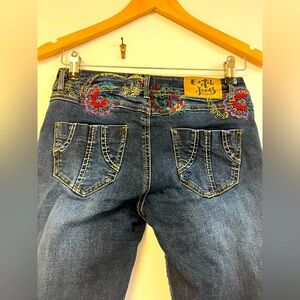 Desigual Women’s‎ Slim Straight Jeans W25 Blue Mid-Rise Stretch Embroidered Boho